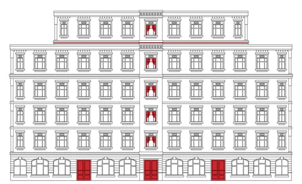 Detalj Främre Hus Fasad Byggnad Kontur Med Shop Street Panorama — Stock vektor