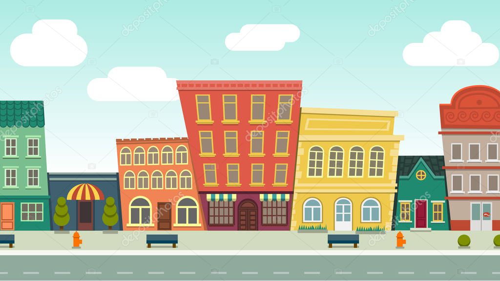 Funny cartoon cityscape street panorama with houses shop road bench hydrant, horizontally vector illustration clip art