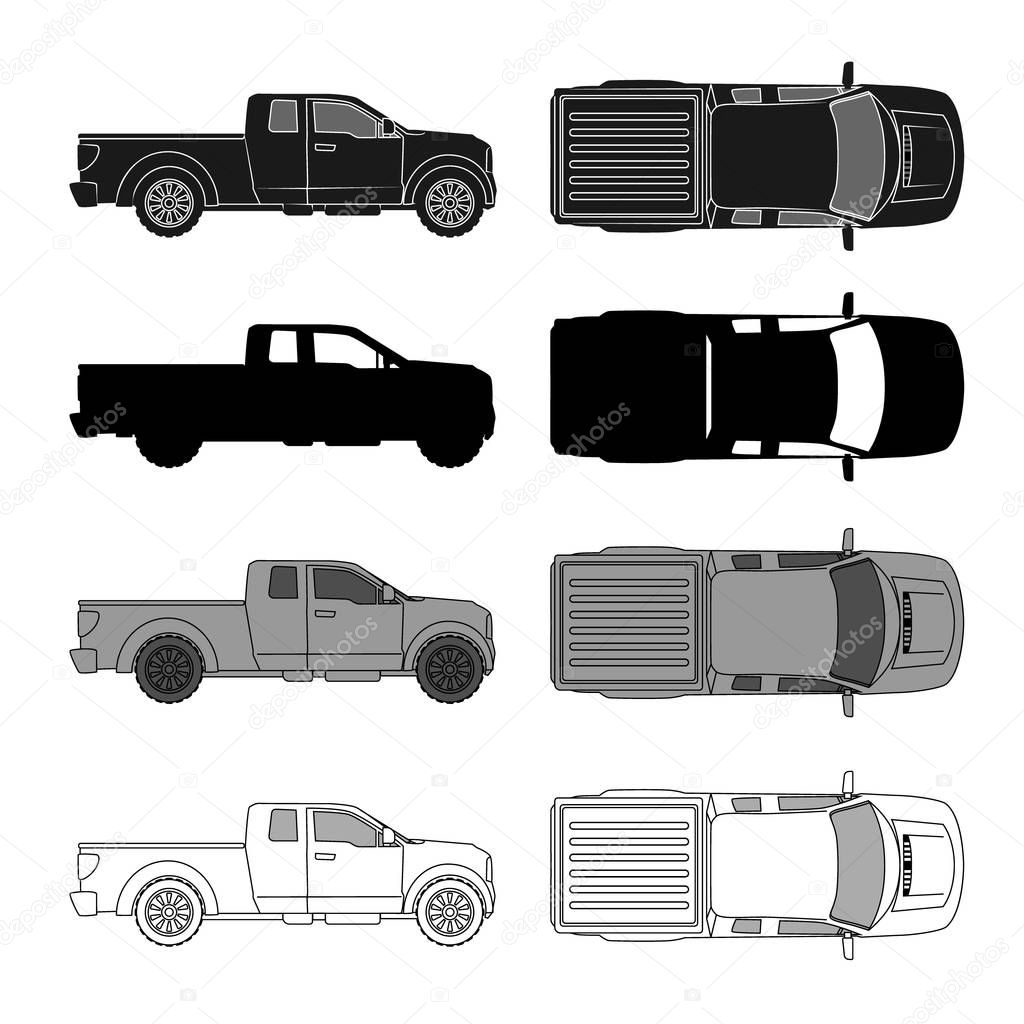 car top view sketch contour shape and red color pickup , for parking scheme or architecture presentation , actual proportion size. Black isolated on white vector, popular brand Ford F150, common model