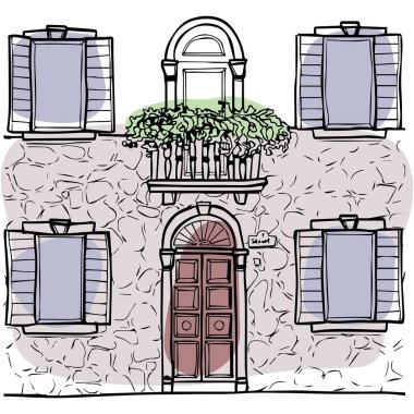 El çizimi sanat evi fasade caddesi, balkon ve wi