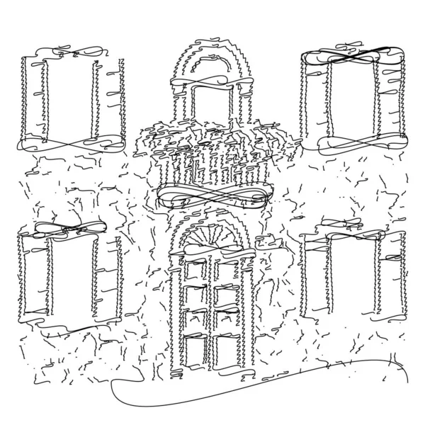 Ligne dessinée à la main art maison fasade rue avec porte balcon et wi — Image vectorielle