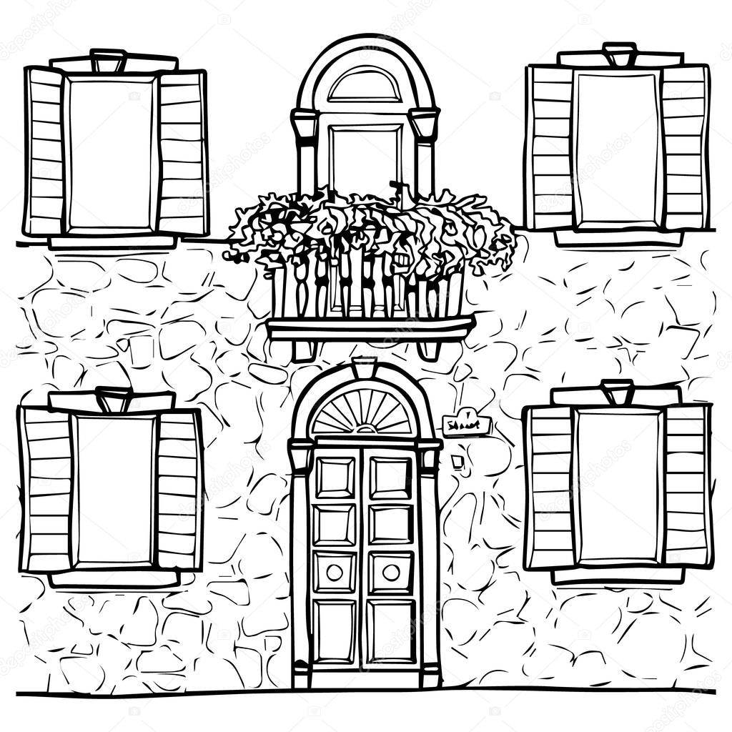 Hand drawn line art house fasade street with door balcony and wi