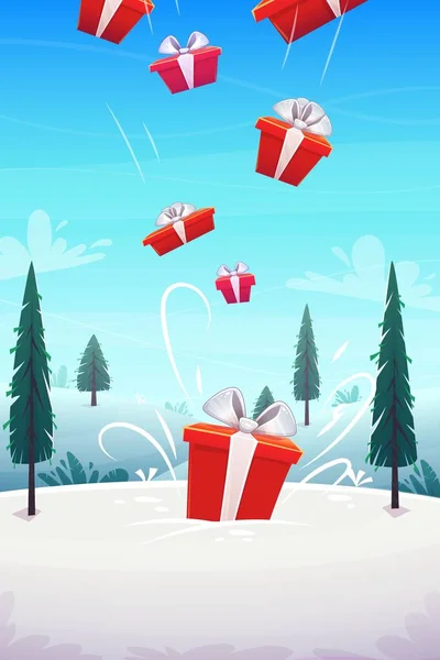 Red boxes gifts pour in fall from the sky b background winter sn — 스톡 벡터