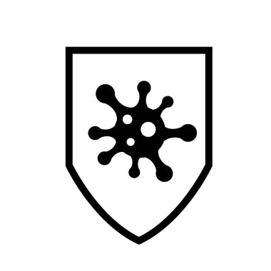 Virüs koruma kalkanı ikonu, mikrop şekli antivirüs mağlubiyet hastalığını ve bakteri salgınını insanlar için karantina sağlığını savunuyor, tıp aşısı ilaçları hastalık önleyici antibakteriyel dezenfektanı durdurmak için işaretleri geçiyor