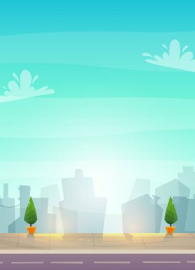 Şehrin sokak manzaralı panoramisi. parlak renkli mutlu çizgi film tarzı arka plan genişliği ya da metin işareti için yeri olan poster pankartı. Mimari karikatür bina silueti. vektör