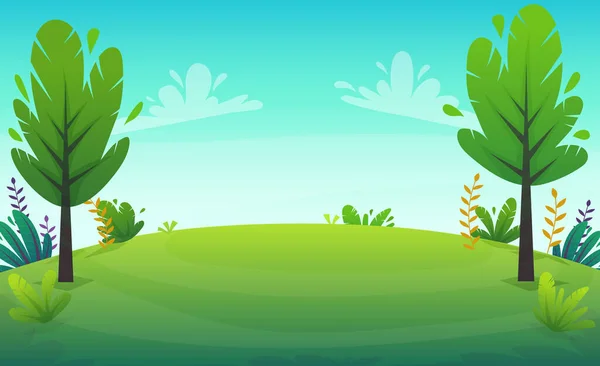 緑の芝生の草原公園や森の木々や茂みの花の風景背景 自然の芝生の生態平和のベクトル図森の自然幸せな面白い漫画スタイルの風景 — ストックベクタ