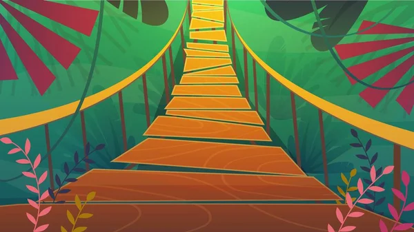 Hängebrücke Einem Dschungel Cartoon Hintergrund Des Sommers Exotische Natur Helle — Stockvektor