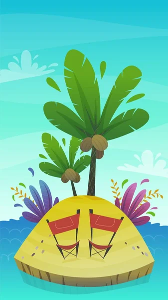 Мультяшный Тропический Остров Пустыни Кокосовой Пальмой Экзотическими Забавными Растениями Векторная — стоковый вектор