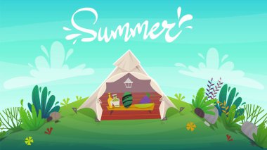 Kabile Vektörü - Çadır Çadırı çadırı, orman doğasında kamp yapmak. vektör manzarası çizimi