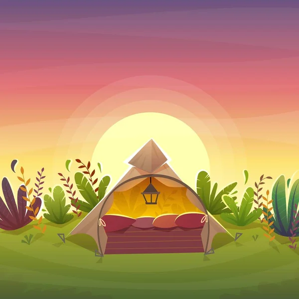 部落病媒 在森林自然背景下的Teepee家庭帐篷 Wigwam露营 矢量风景图解 — 图库矢量图片#