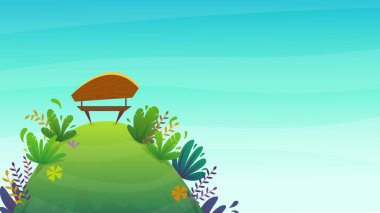 Tepedeki park bankında yeşil çimenler ve çalılar var. Doğa arka planda komik, neşeli bir karikatür. vektör
