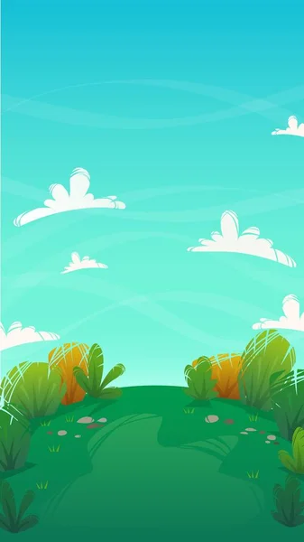 自然公園の背景 芝生の上の緑の芝生 茂みの植物や花 木の風景 漫画風のベクトル風景 — ストックベクタ