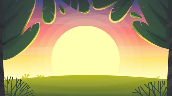 落日公园背景 自然公园或森林草坪 落日天空 紫罗兰色和粉色云彩 矢量卡通画景观 — 图库矢量图片#