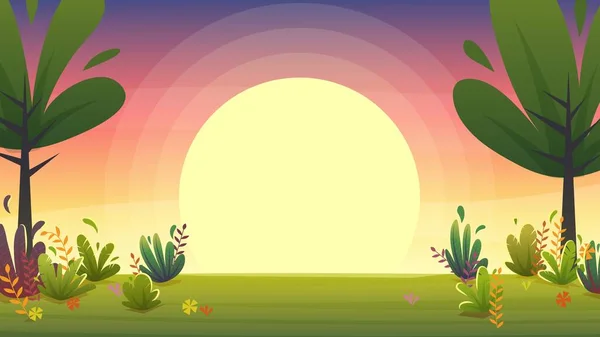 落日公园背景 自然公园或森林草坪 落日天空 紫罗兰色和粉色云彩 矢量卡通画景观 — 图库矢量图片#