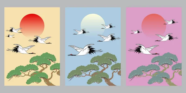 Yükselen güneş arka plan ile Japon vinç ve çam ağacı