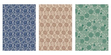 Japon Arabesk Nilüfer, Şakayık ve Çizgili, İndigo Çiçek Kıvrımı Soyut Vektör Arkaplan Koleksiyonu