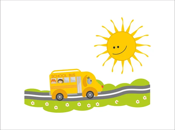 Yellow School Bus Children Sun Road — Stock Vector