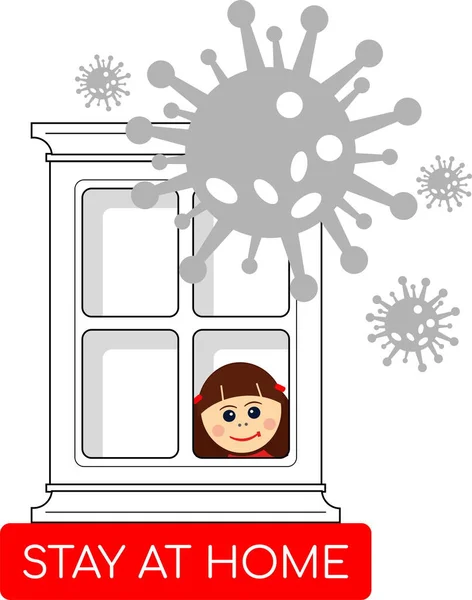 Coronavirus Cuarentena Icono Rojo Quedarse Casa Chica Ventana — Vector de stock