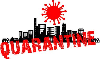 Coronavirus karantinası şehirde, gezegende, koronavirüs çizimi, ikon ve yazıt