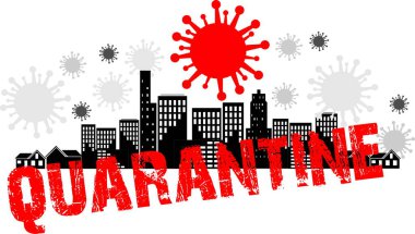 Coronavirus karantinası şehirde, gezegende, koronavirüs çizimi, ikon ve yazıt