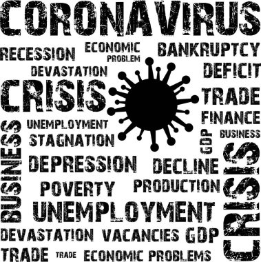 Coronavirus sonuçları, ekonomik sorun, damga, kelime, yazıt, sembol