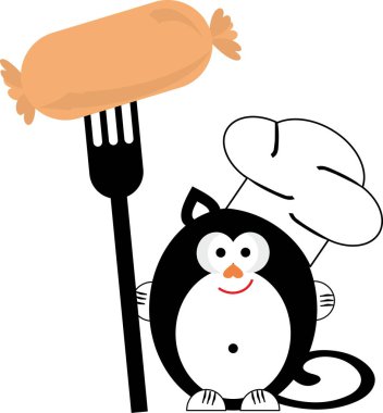 Şişko siyah kedi şef aşçı, sosisli.