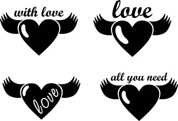 Hearts Wings Love Inscription Set — Stockový vektor
