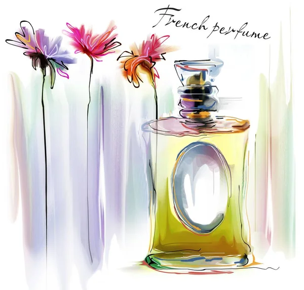 Французская духи бутылка с цветами — стоковое фото