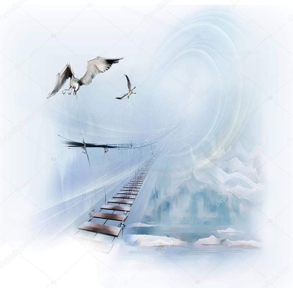 birds flying over bridge and snowy hills 