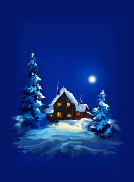 クリスマスの夜に森の中のおとぎ話の家 — ストック写真