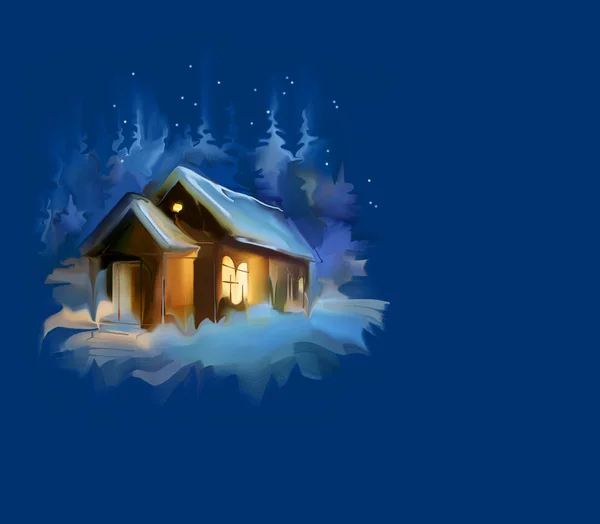 Fairytale house in the forest on Christmas night