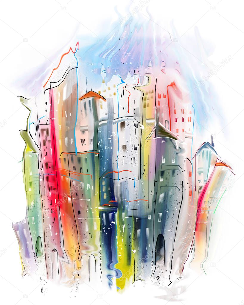 Color composition of the buildings of the modern city. Abstract sketch