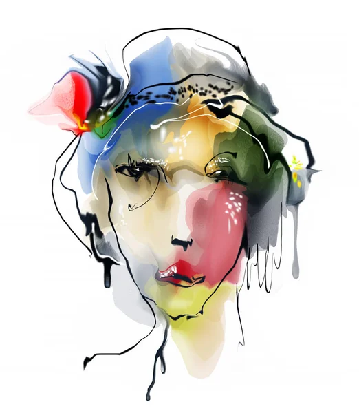 Retrato Abstracto Una Chica Con Sombrero Azul Imagen De Stock