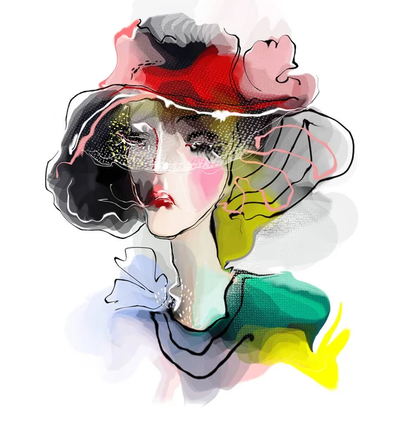 Portrait Femme Abstrait Dans Chapeau Rouge Photos De Stock Libres De Droits