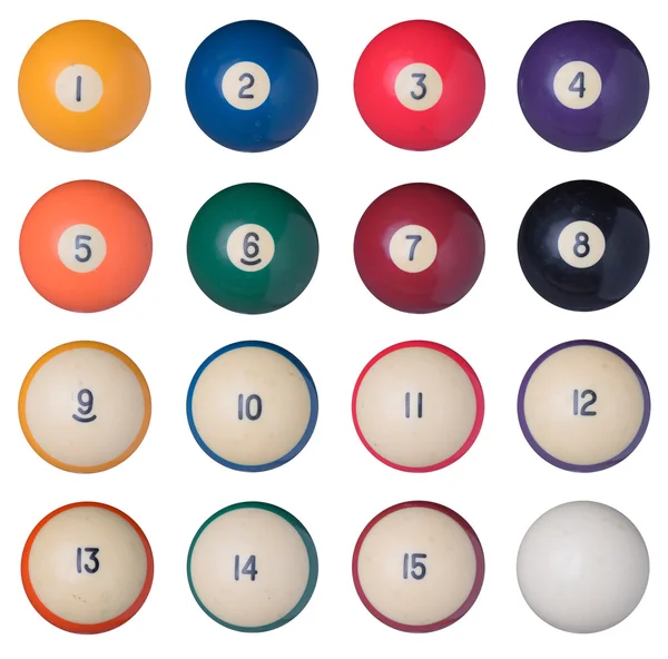 Old billiard balls set isolated on white background — Stock Photo, Image
