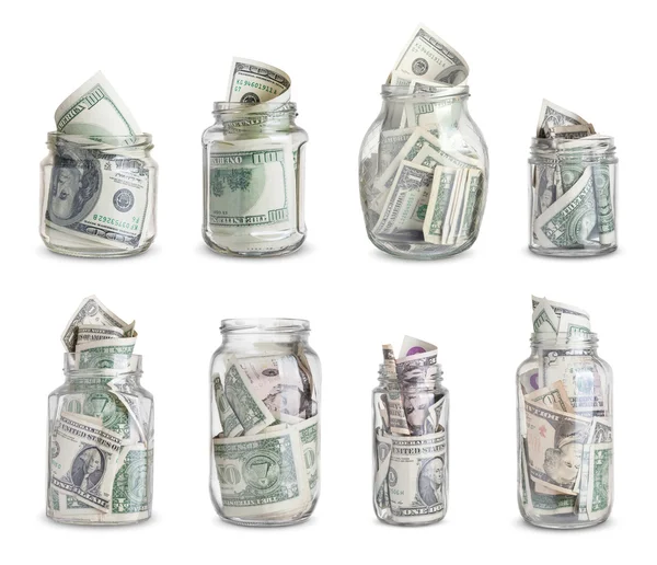 Money in jars collection. Isolated on white — Stock Photo, Image