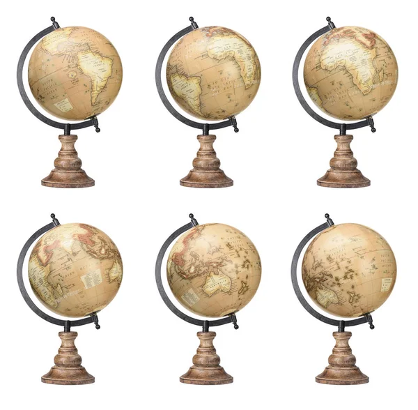 Conjunto de globos mundiais de estilo antigo isolados em fundo branco. Mostrar — Fotografia de Stock
