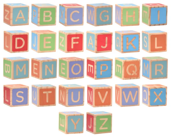 Dřevěné abecedy bloky izolované na bílém pozadí — Stock fotografie