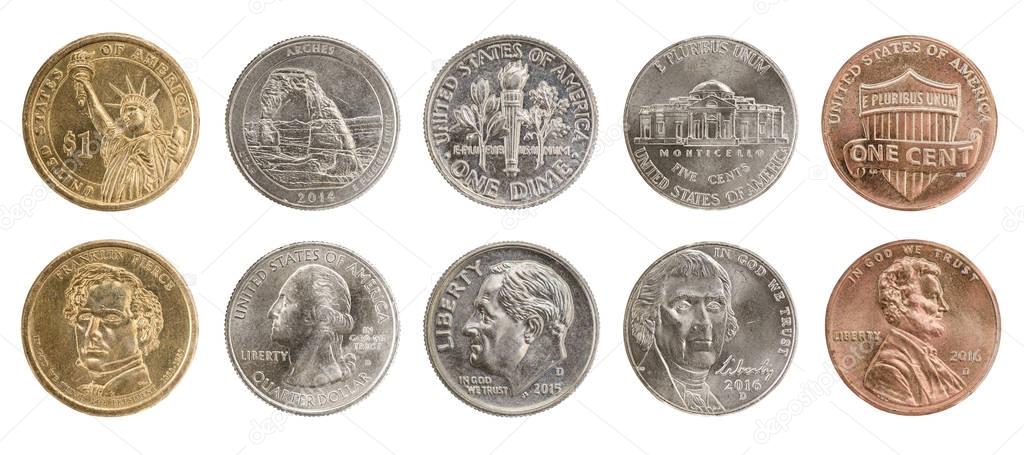 US coins collection obverse and reverse isolated on white