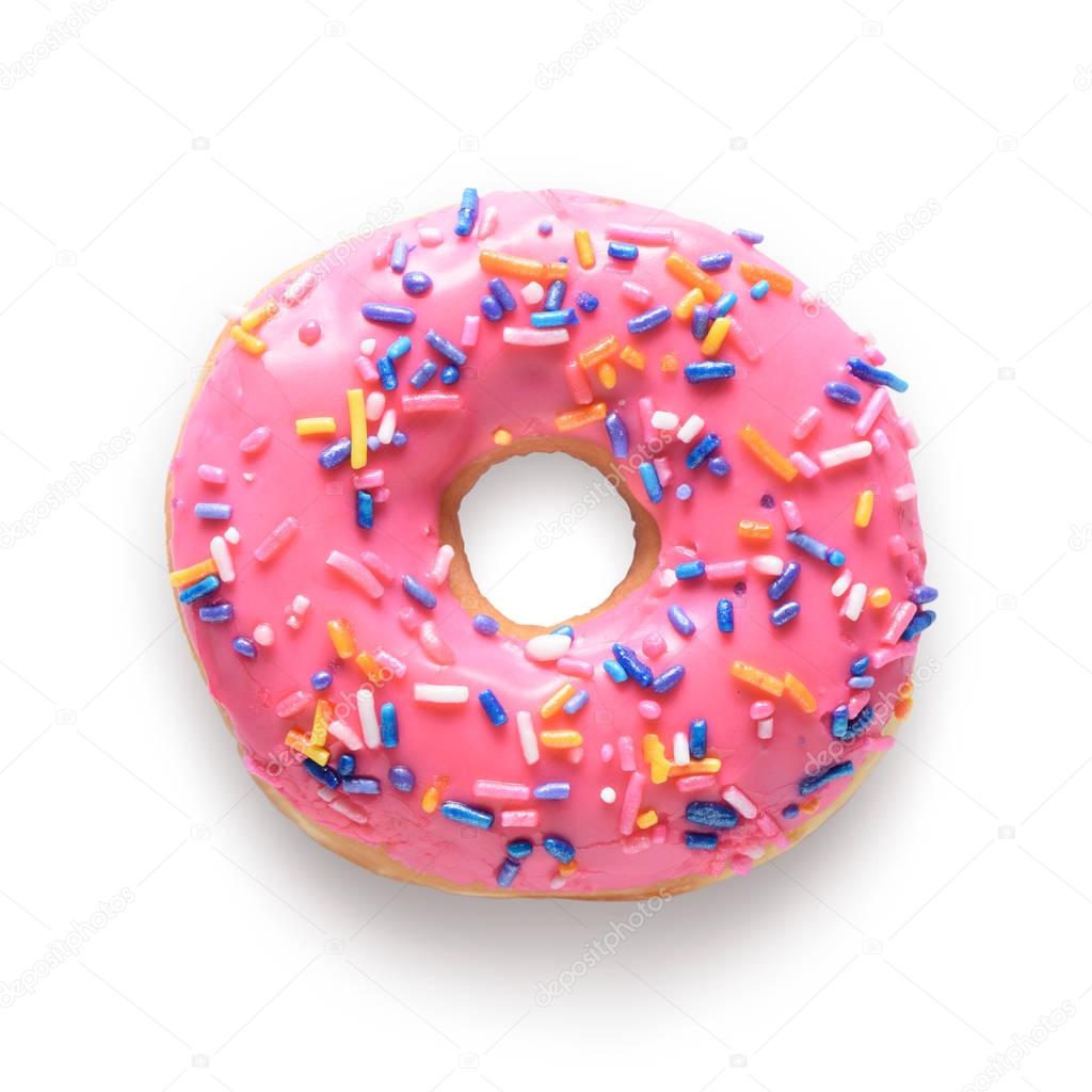 Pink frosted donut with colorful sprinkles 