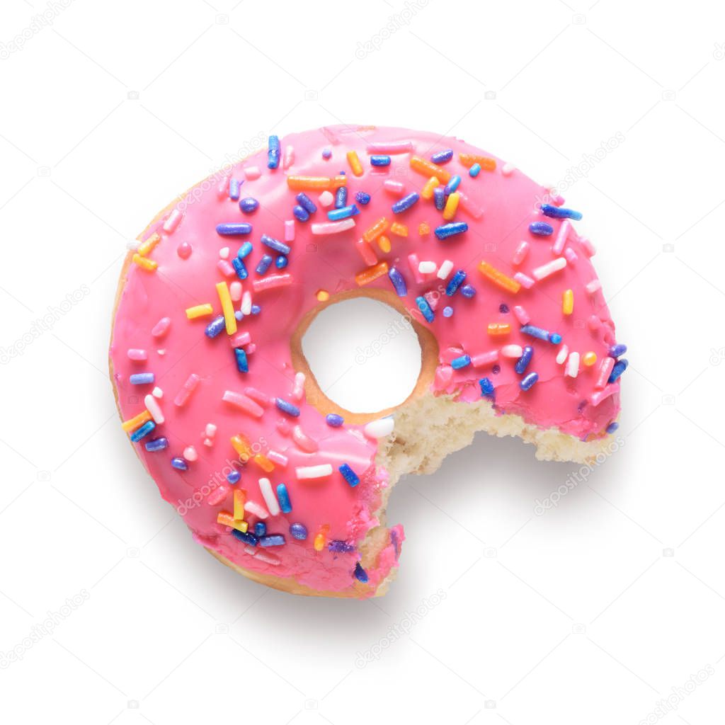 Pink frosted donut with colorful sprinkles with bite missing.