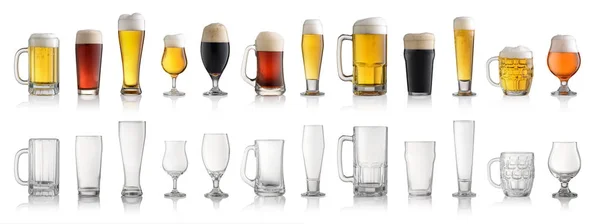 Set of various full and empty beer glasses. Isolated on white ba — Stock Photo, Image