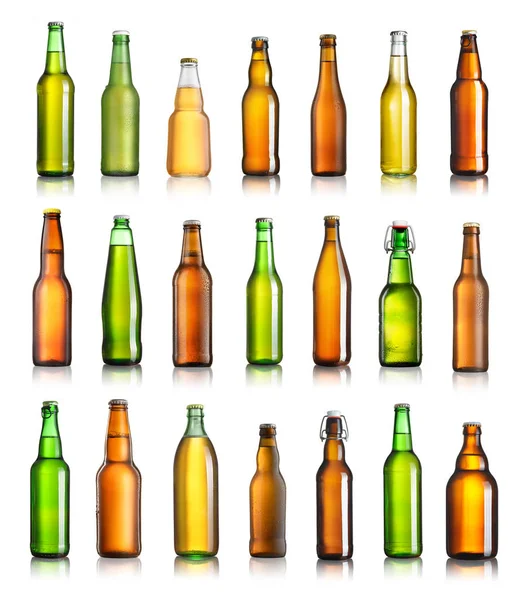 Verzameling Van Verschillende Bierflesjes Geïsoleerd Witte Achtergrond — Stockfoto