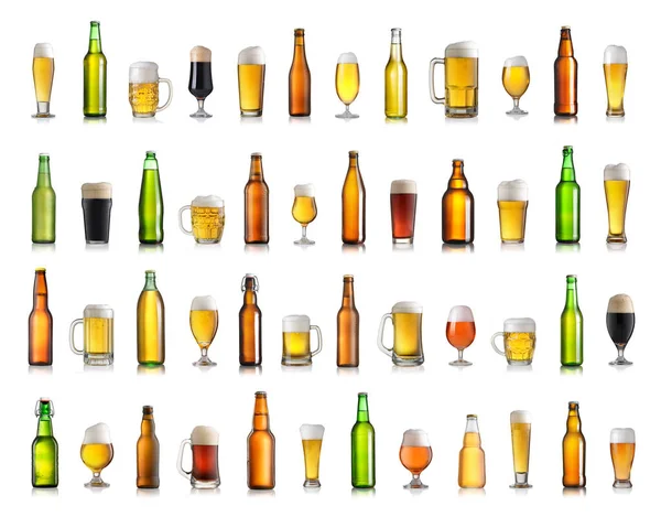Zestaw Różnych Butelek Piwa Okulary Białym Tle — Zdjęcie stockowe