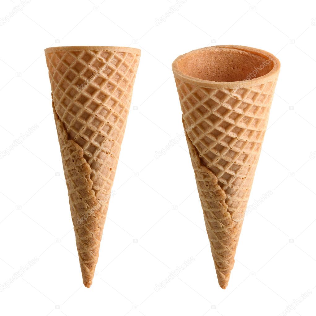 Collection of empty ice cream cone isolated on white background