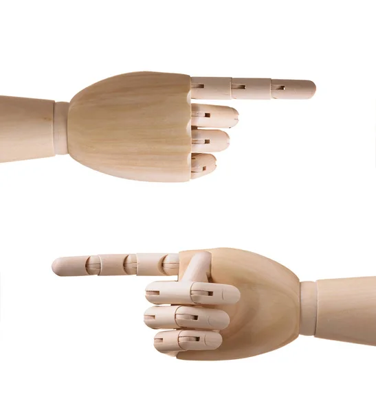 Drewniane ręce z punktów palec w górę na białym tle — Zdjęcie stockowe
