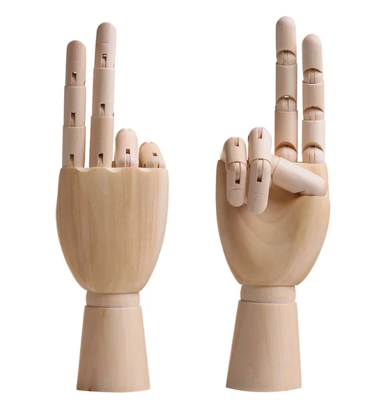 Manos de madera mostrando dos por los dedos. Aislado sobre fondo blanco —  Fotos de Stock