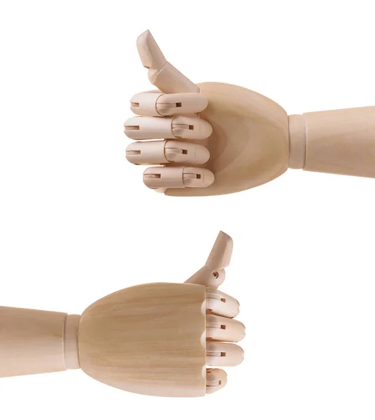 Mão de madeira com o polegar para cima. Isolado sobre fundo branco — Fotografia de Stock