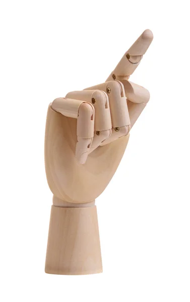 Mão de madeira com dedo aponta para cima isolado — Fotografia de Stock