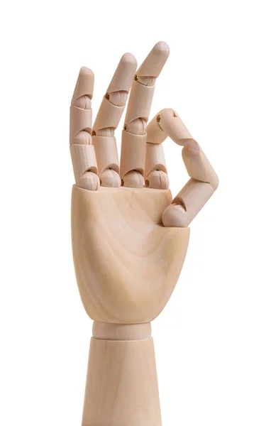 Dřevěná ruka ukazuje ok gesto. Izolované na bílém pozadí — Stock fotografie